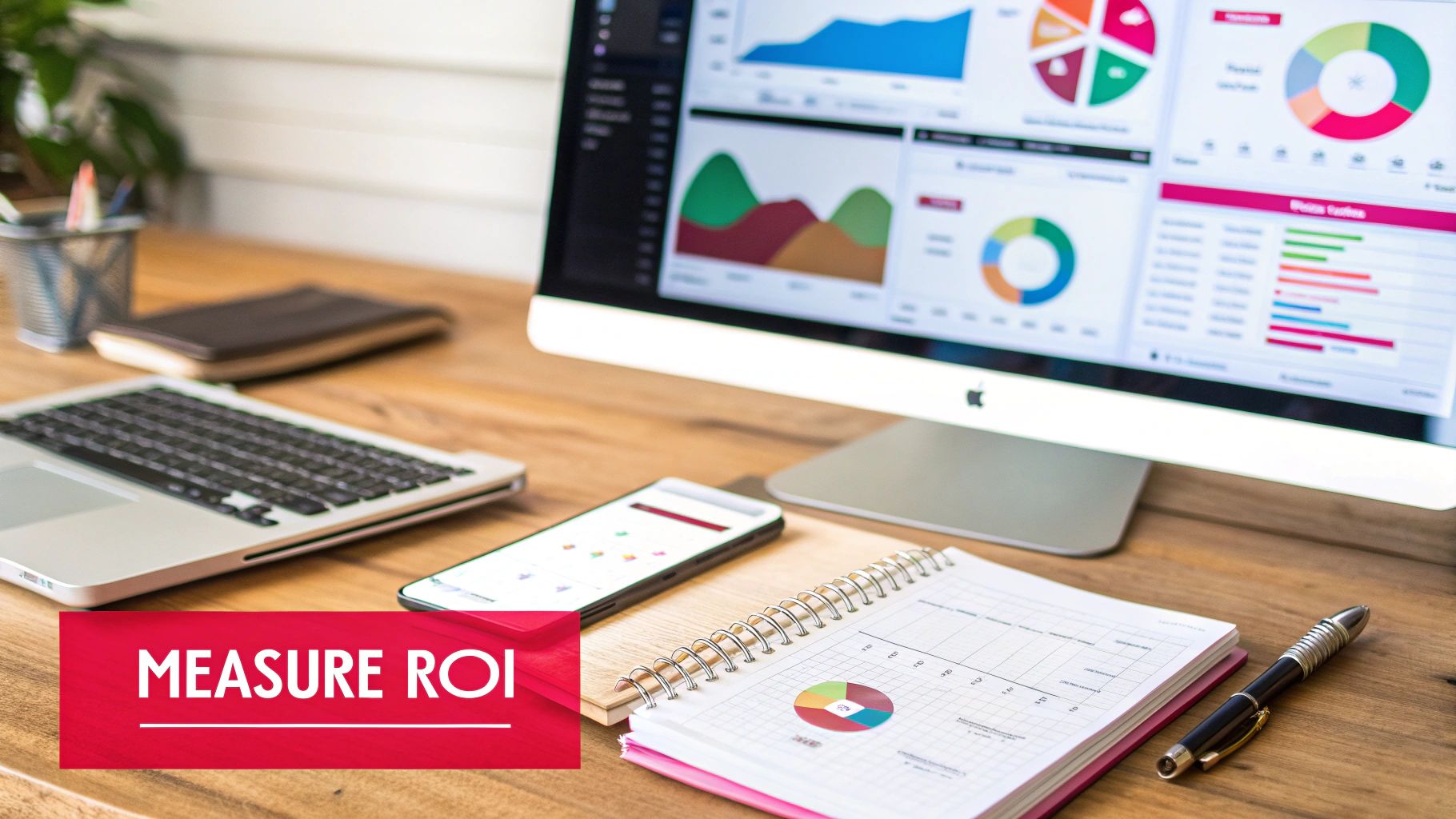 A desk setup with a computer displaying business analytics, a laptop, smartphone, and a notebook for ROI.