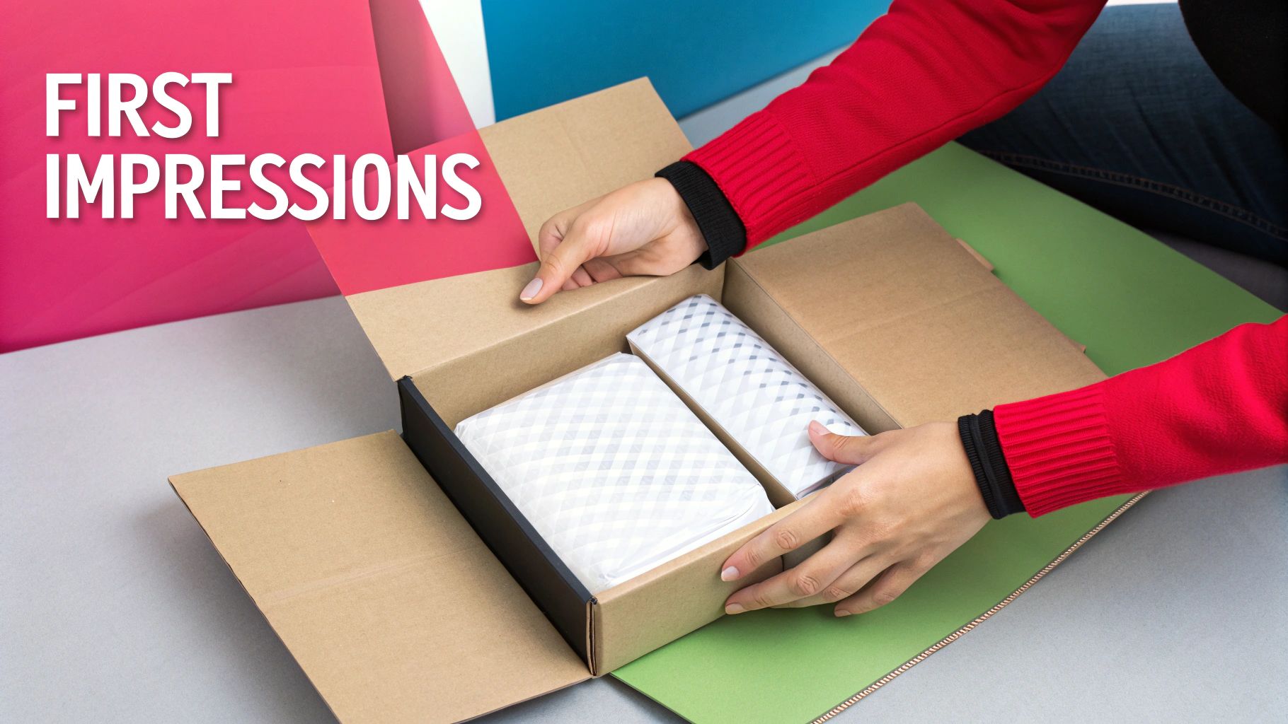 A person in a red sweater opens a brown cardboard box, revealing two neatly wrapped packages inside.