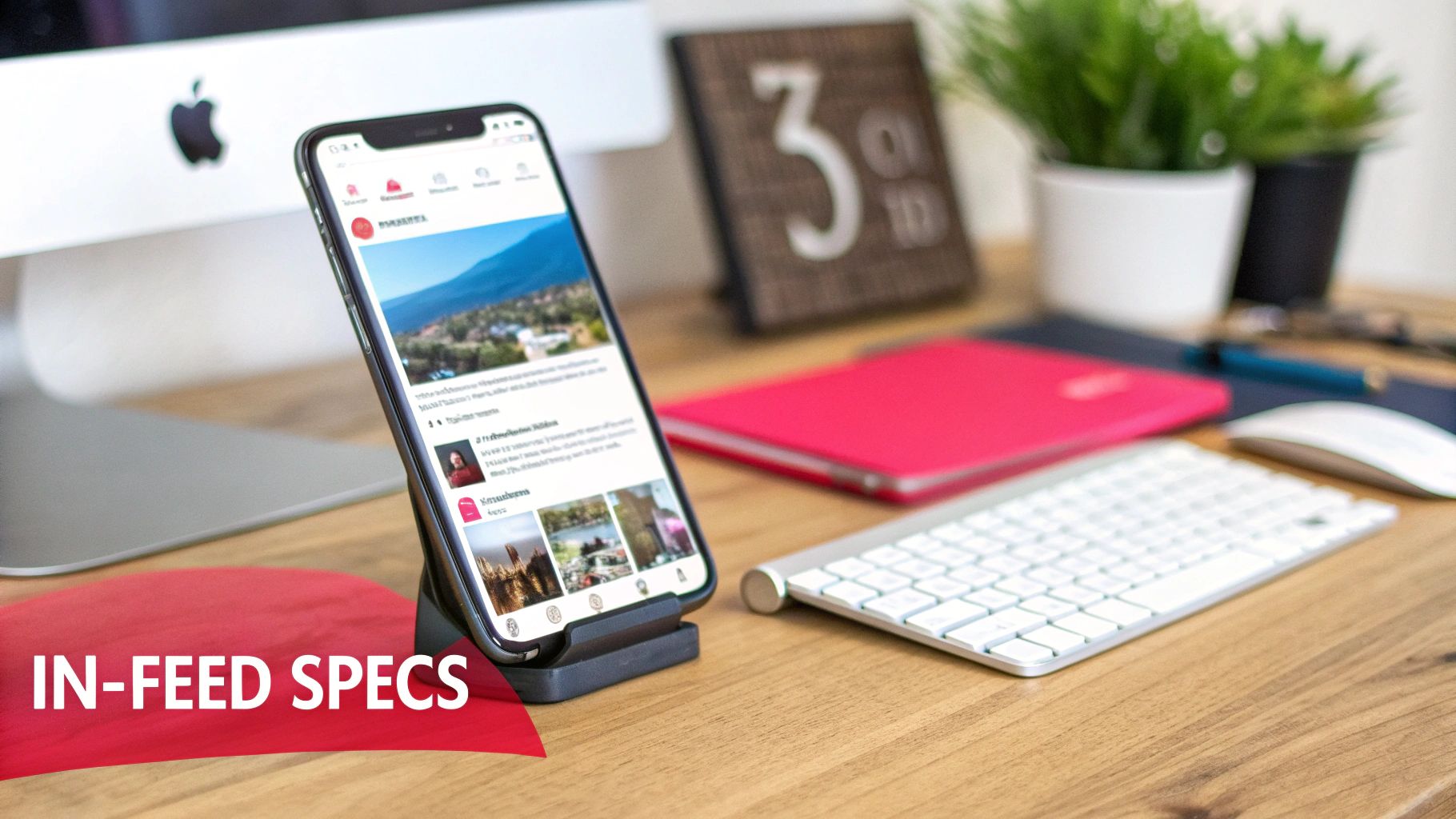 A modern desk setup with an iPhone displaying a social media feed, an iMac, keyboard, and mouse.