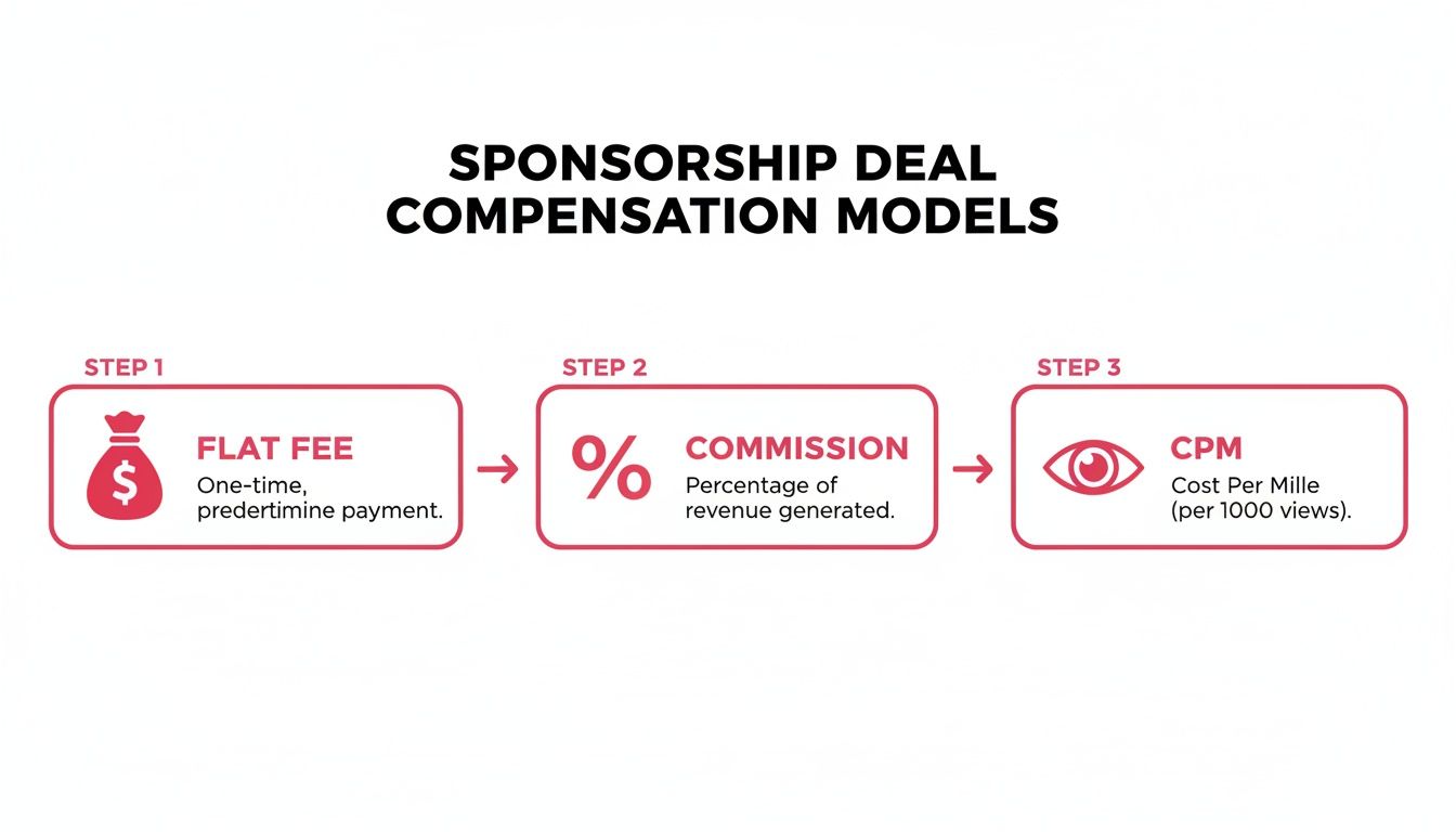 Infographic illustrating three sponsorship deal compensation models: flat fee, commission, and CPM.