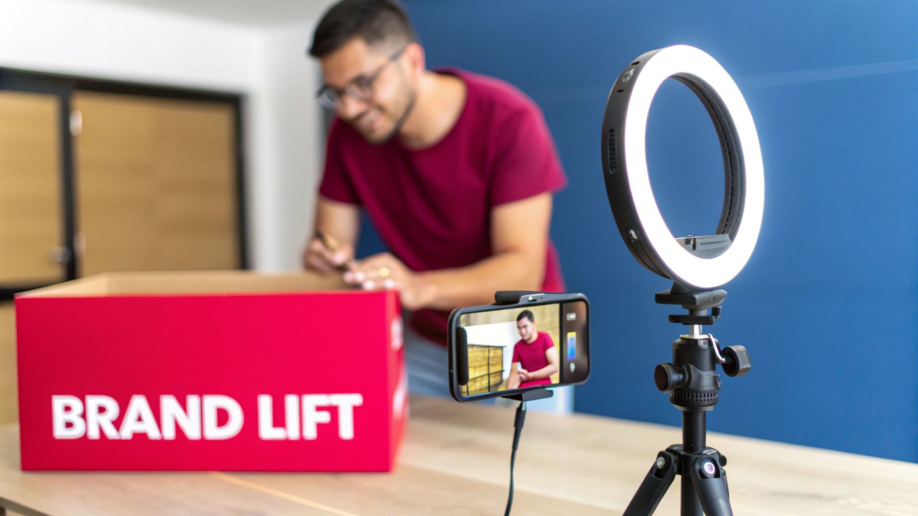 A man records a product unboxing video for 'Brand Lift' using a smartphone and ring light setup.