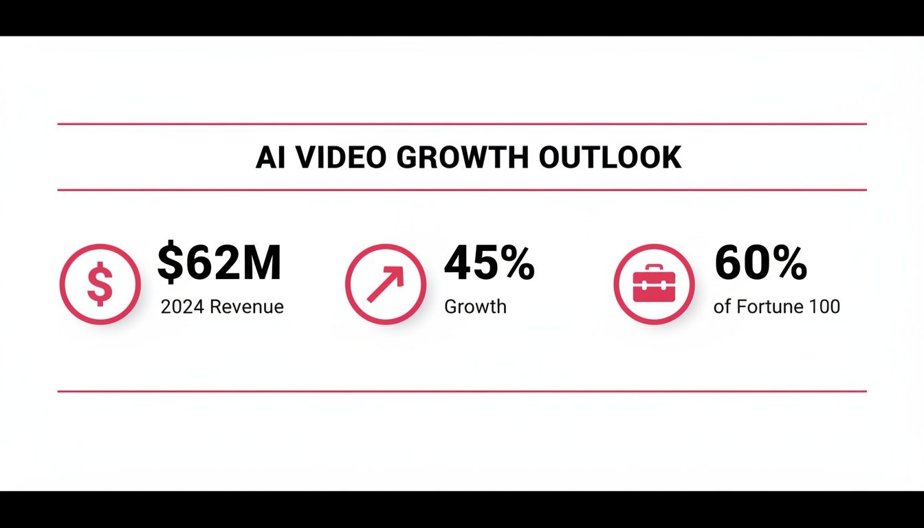 An AI Video Growth Outlook slide showing 2024 revenue of $62M, 45% growth, and 60% of Fortune 100.