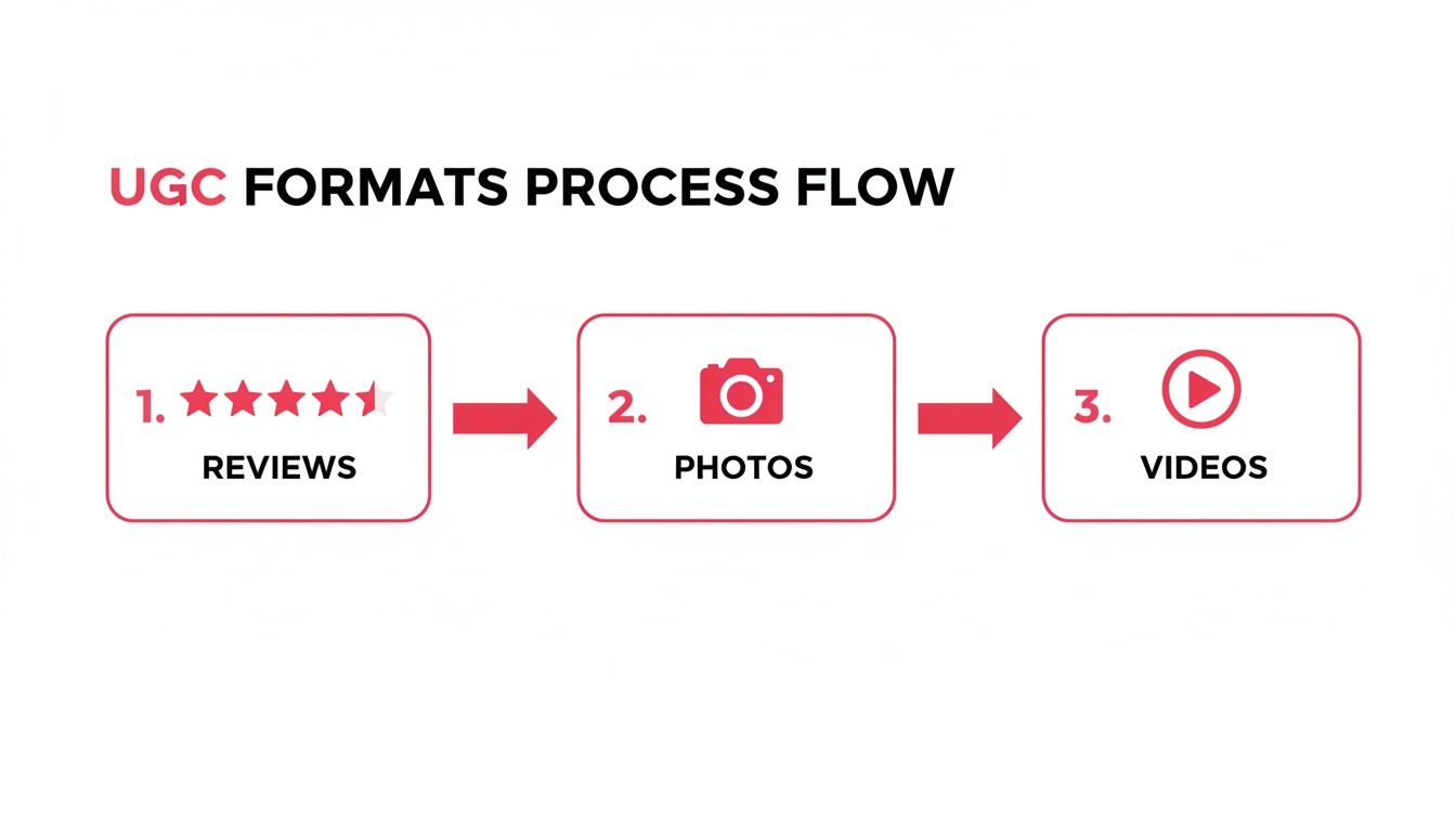 A process flow diagram illustrating user-generated content (UGC) formats: reviews, photos, and videos.