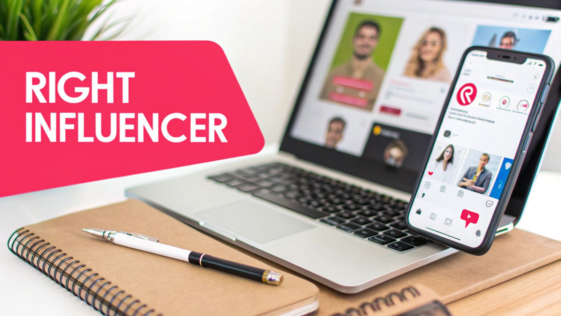 Laptop and smartphone showcasing social media profiles, with a 'RIGHT INFLUENCER' banner and desk essentials.
