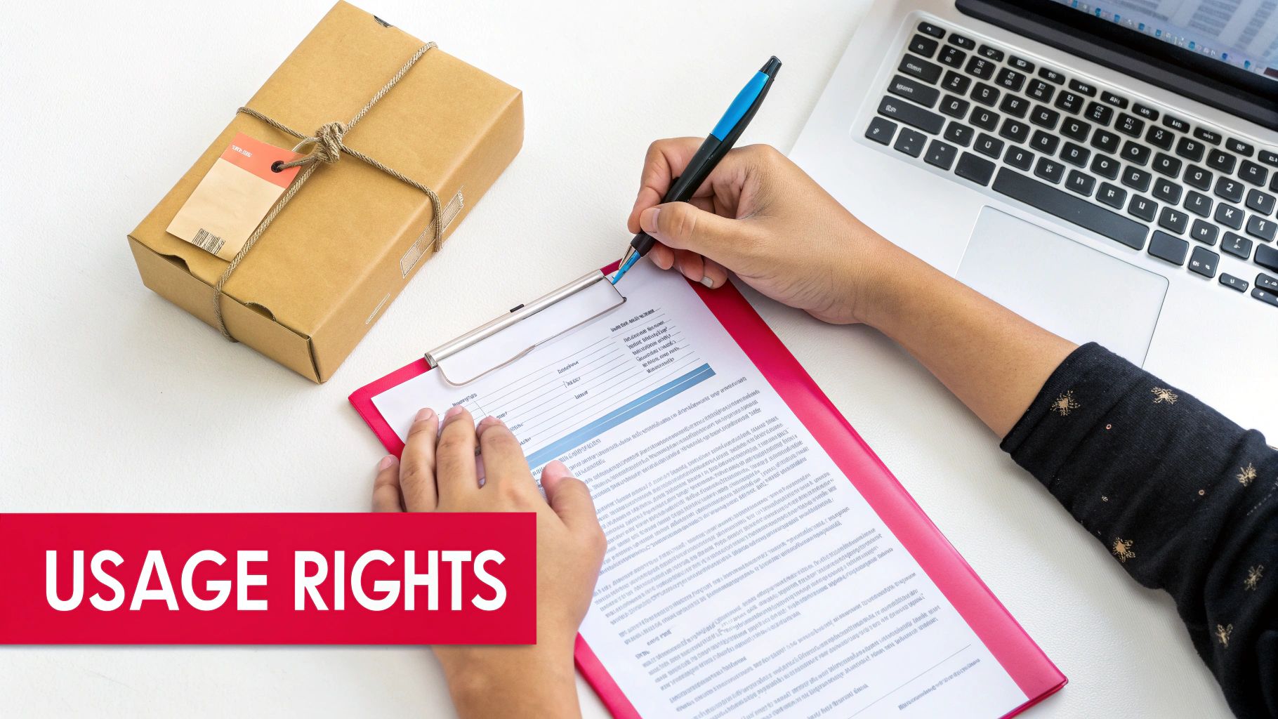 Hands signing a legal document on a red clipboard, next to a package and a laptop, with 'USAGE RIGHTS' overlay.
