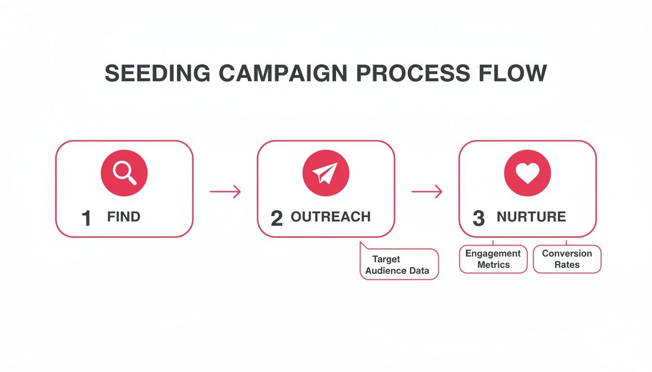 Flowchart detailing a seeding campaign process with steps: Find, Outreach, and Nurture, including related metrics.