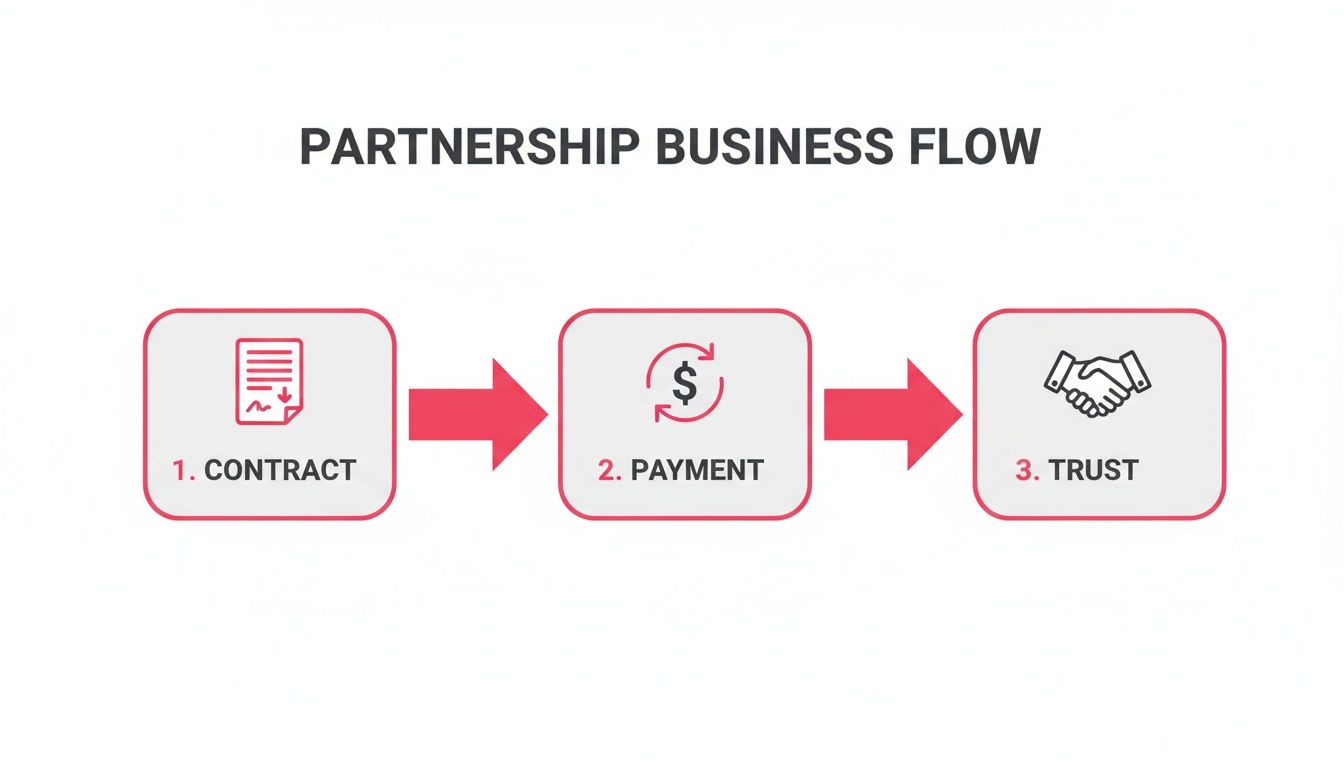 A diagram illustrating the partnership business flow in three steps: contract, payment, and trust.
