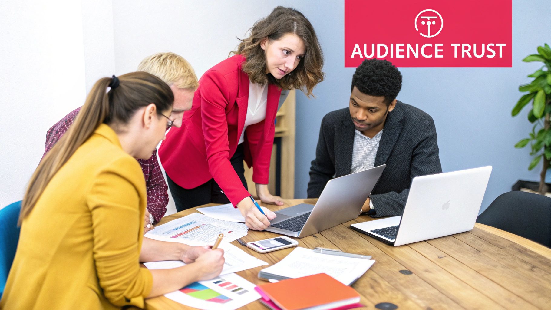 A person holding a lightbulb in front of a colorful, abstract background representing creative strategy.