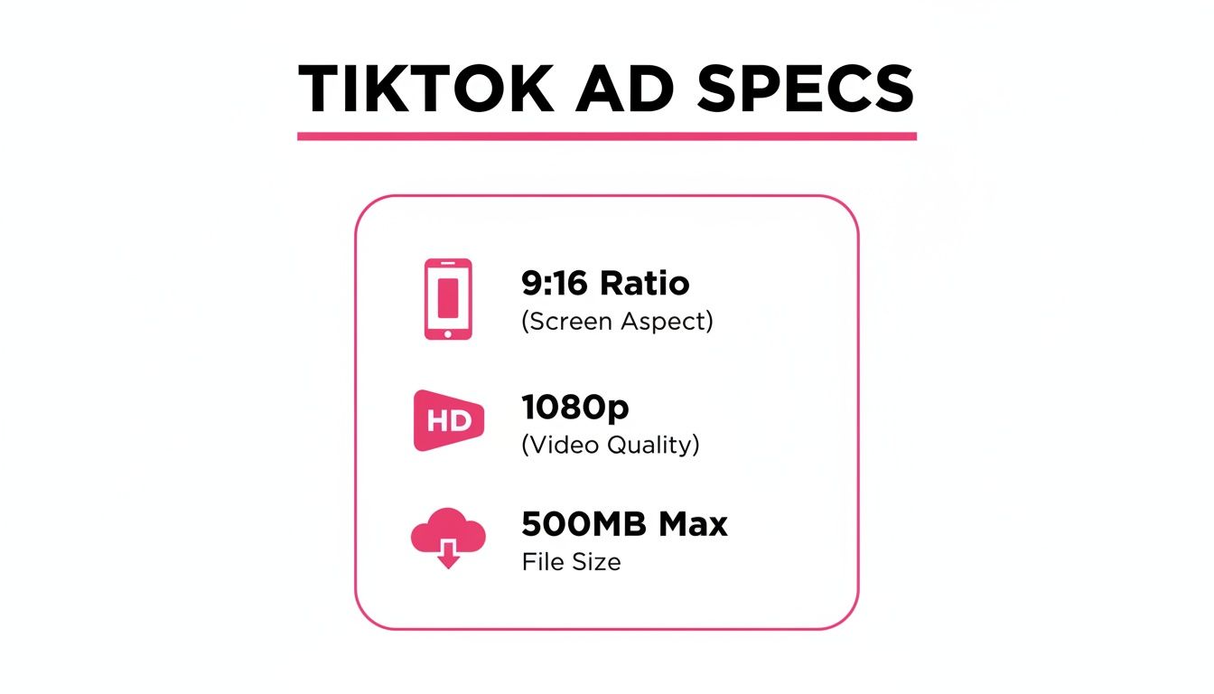 An information graphic outlining TikTok ad specifications: 9:16 screen aspect ratio, 1080p video quality, and 500MB max file size.