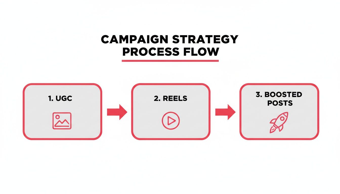 Flowchart showing three steps of an Instagram marketing campaign strategy: UGC, Reels, and Boosted Posts.