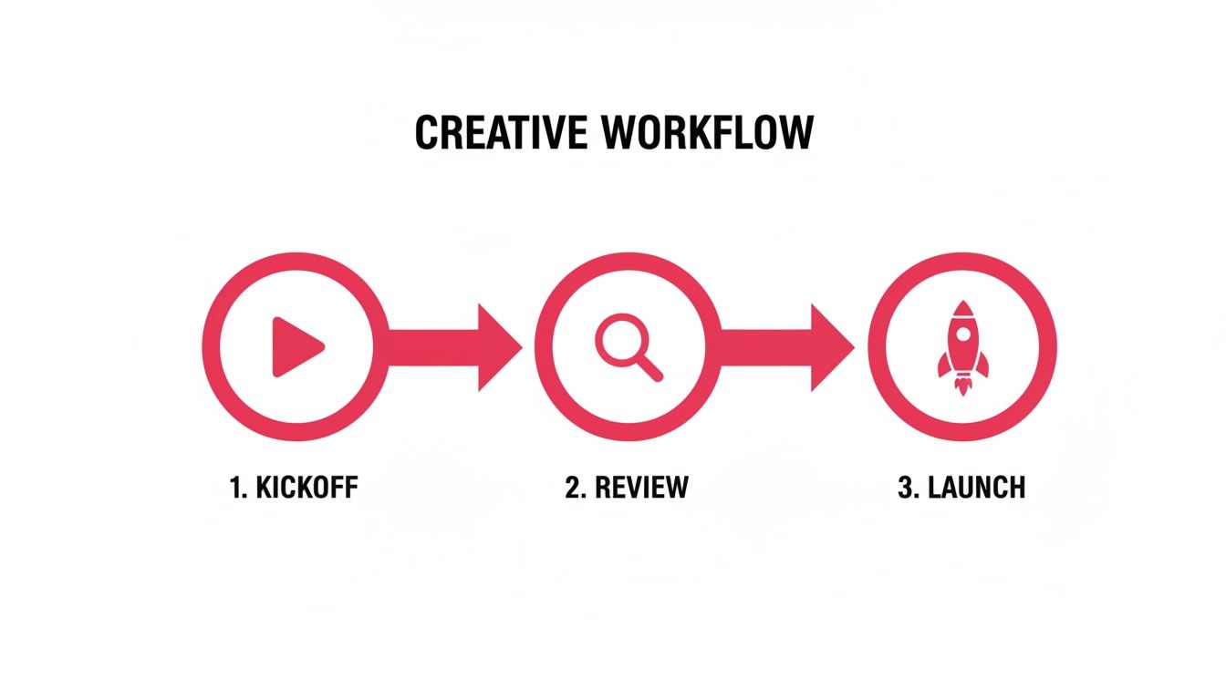 Creative workflow diagram illustrating three steps: Kickoff (play icon), Review (magnifying glass), and Launch (rocket icon).
