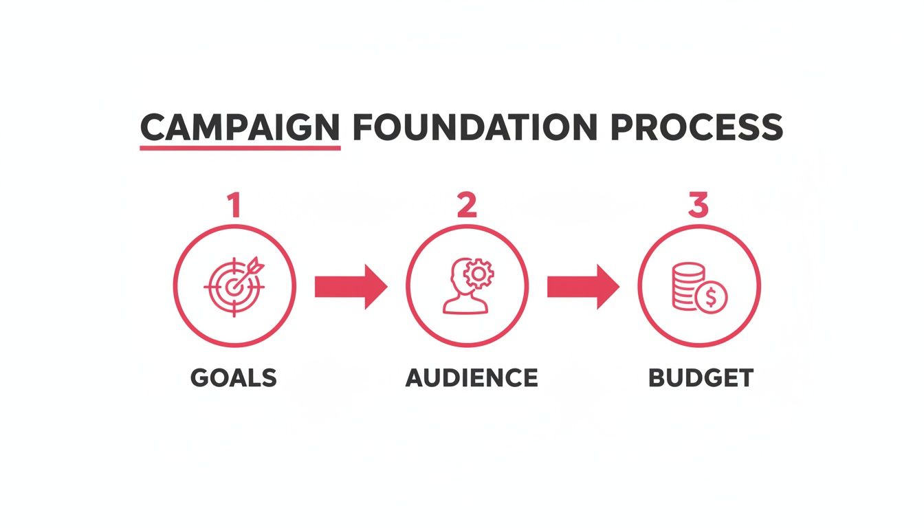 An infographic detailing the Campaign Foundation Process, illustrating three steps: Goals, Audience, and Budget.