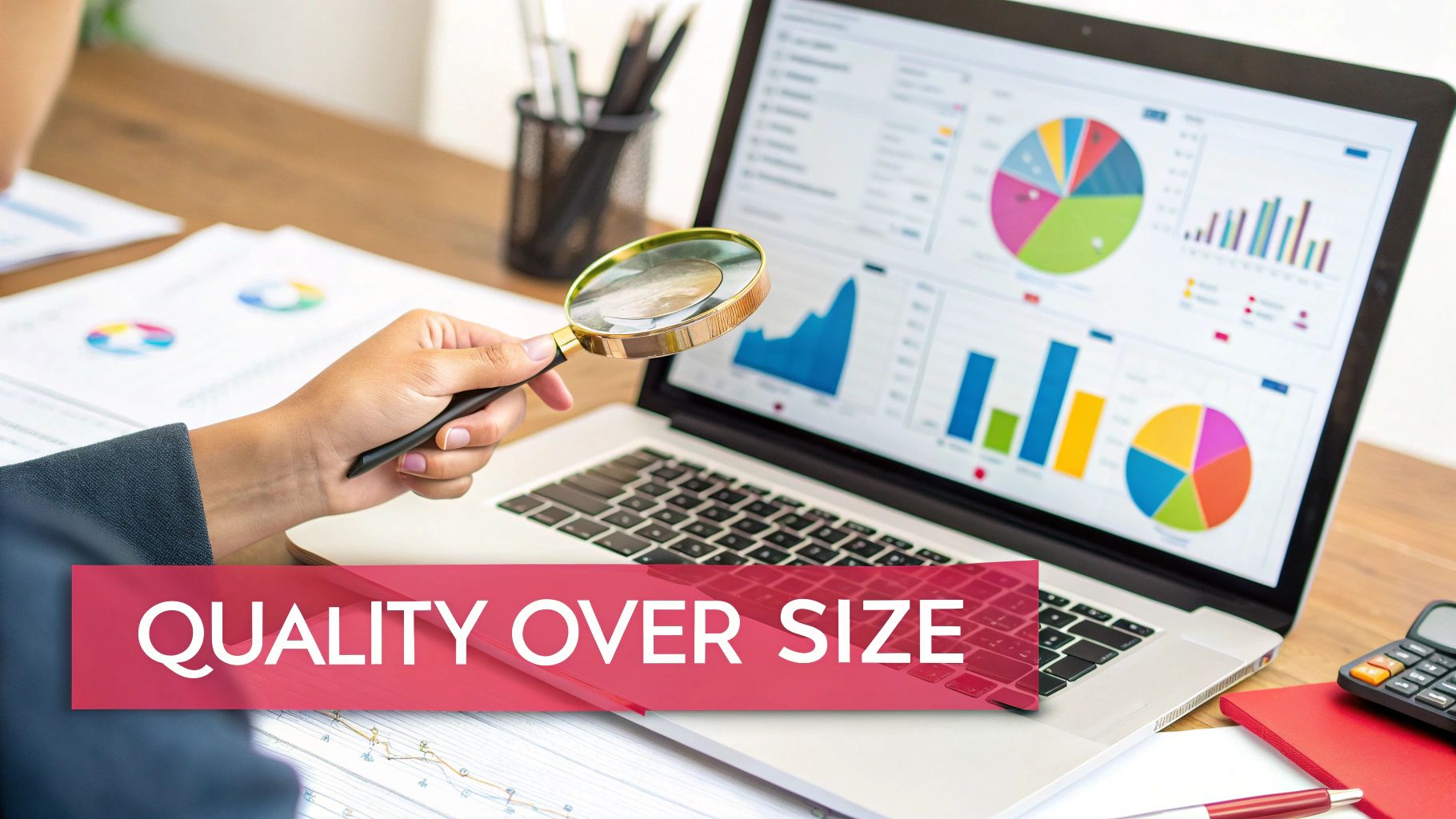 Person's hand holding a magnifying glass over a laptop displaying various business charts and graphs.