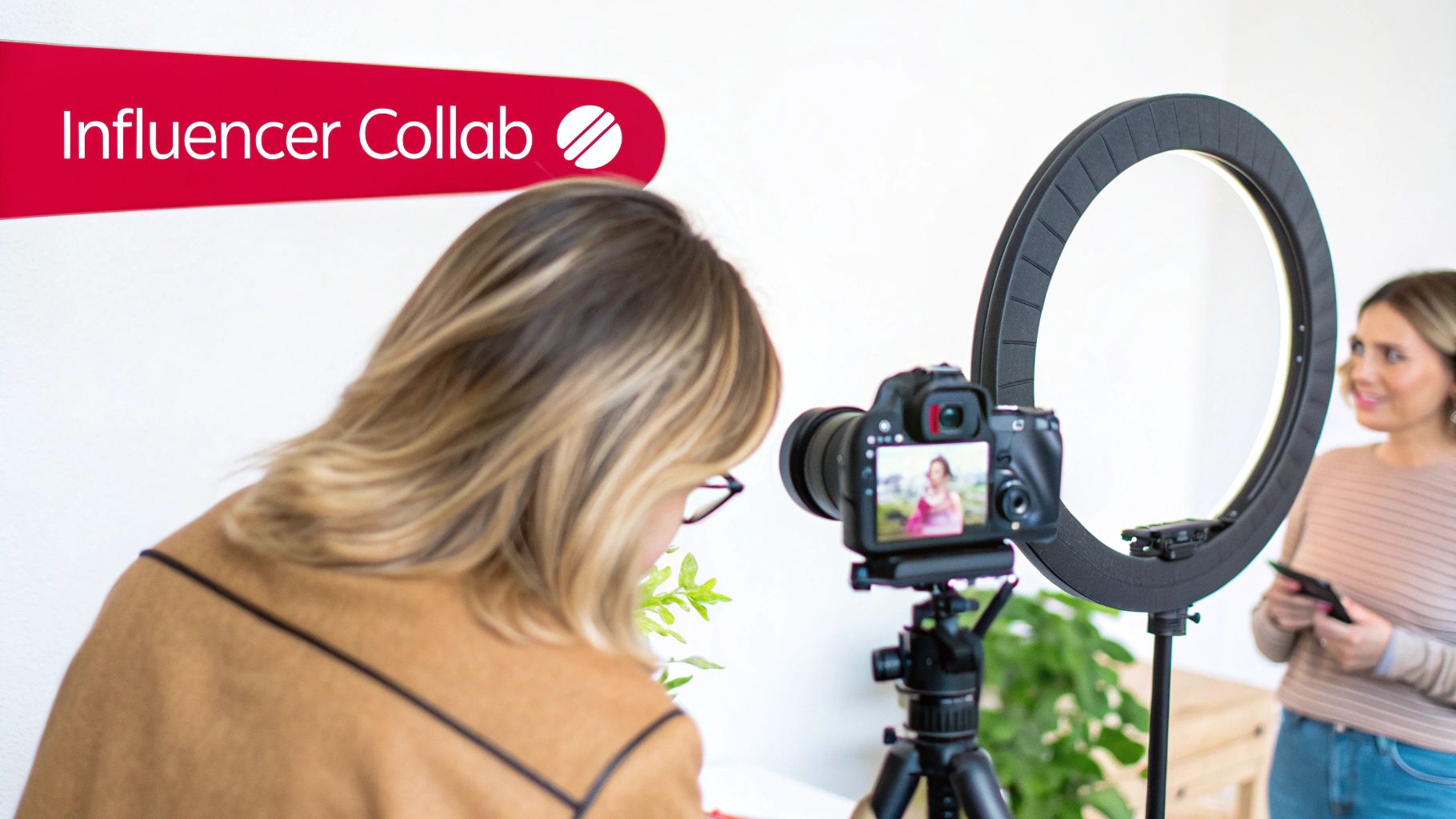 Two people collaborating over a laptop, with social media icons and sales charts floating around them, symbolizing teamwork and growth.