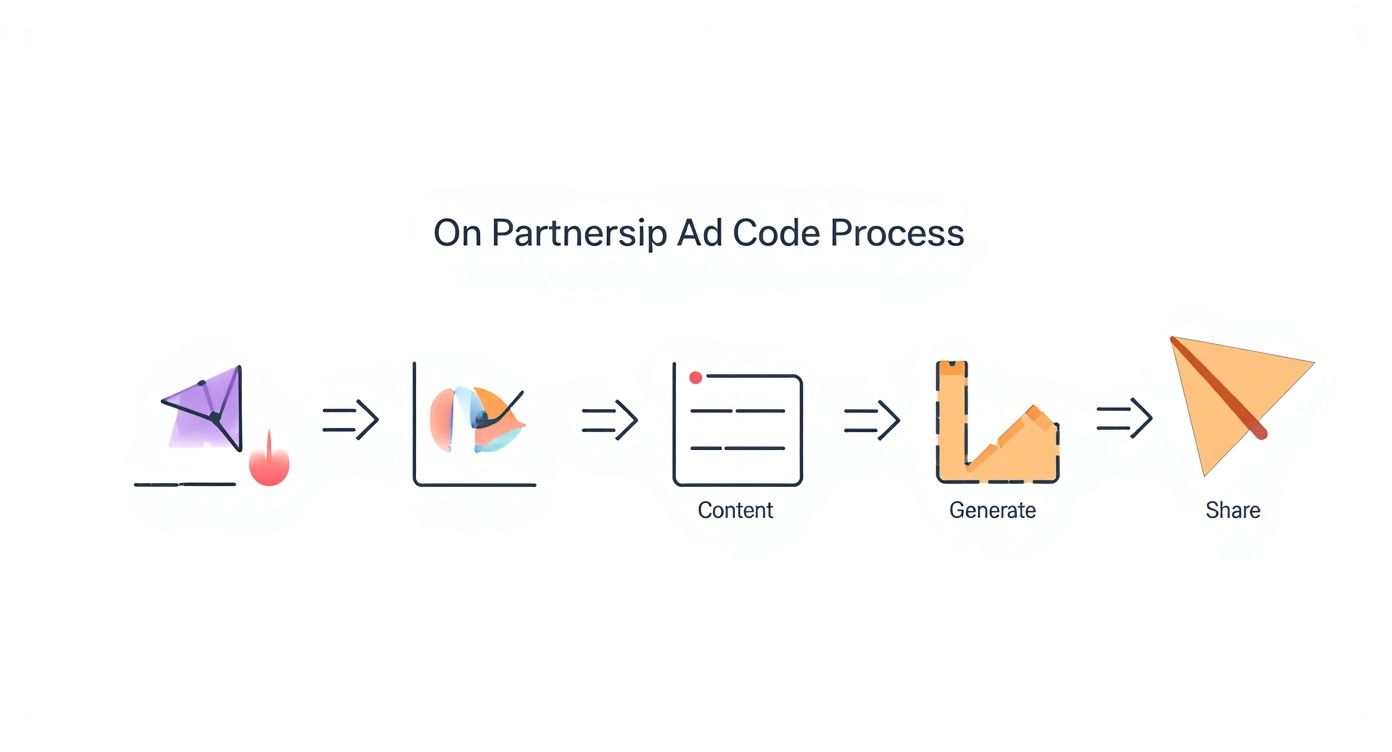 A flowchart illustrates the 'On Partnership Ad Code Process' with steps: Content, Generate, and Share.