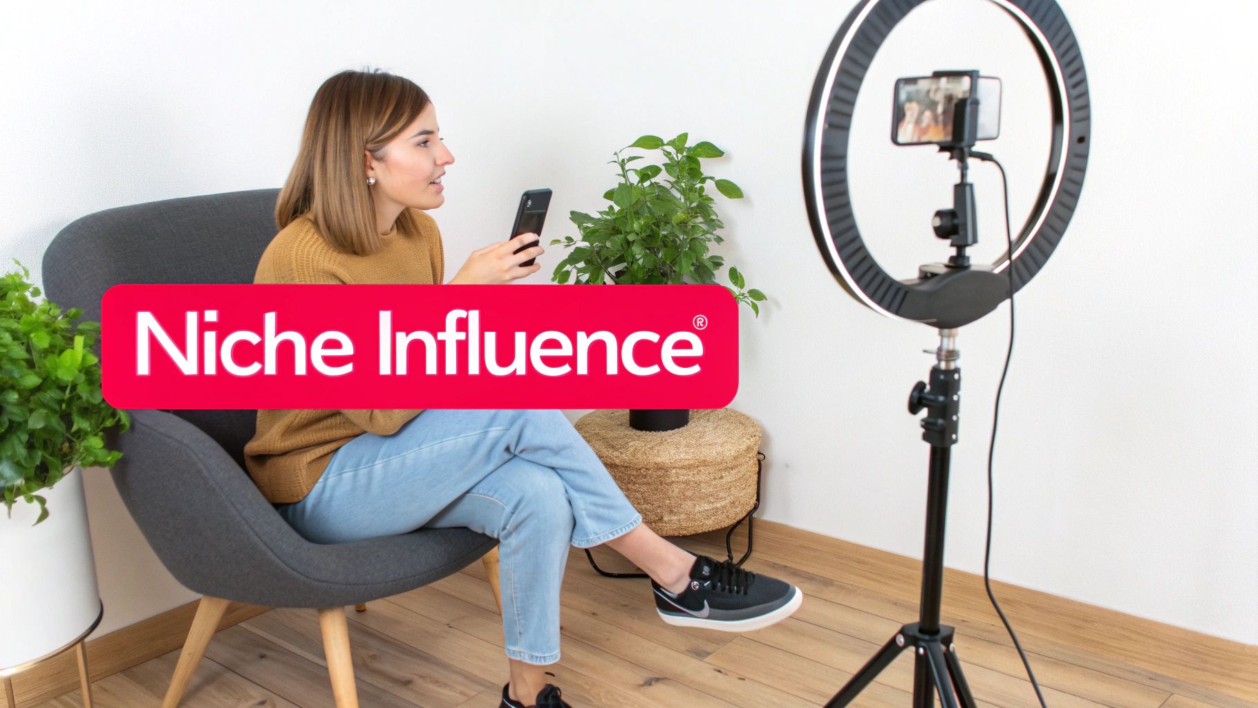 A young woman setting up a smartphone for a video call with a ring light.
