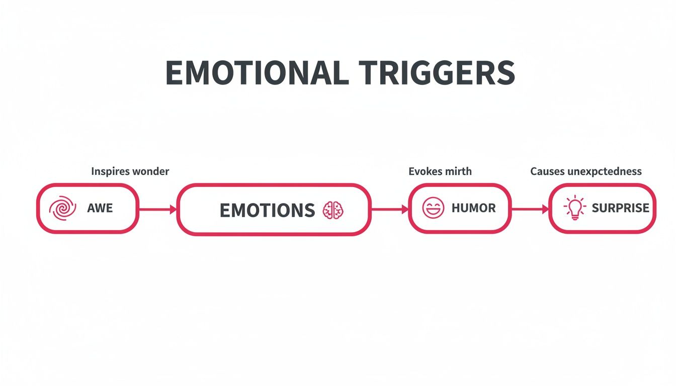 A flowchart titled 'Emotional Triggers' showing awe, humor, and surprise leading to emotions.