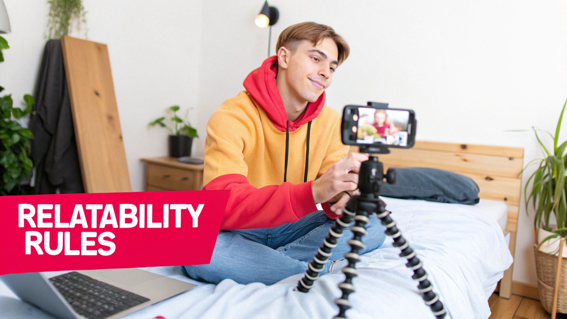 A smiling Gen Z man in a hoodie films himself with a smartphone on a tripod in his bedroom.
