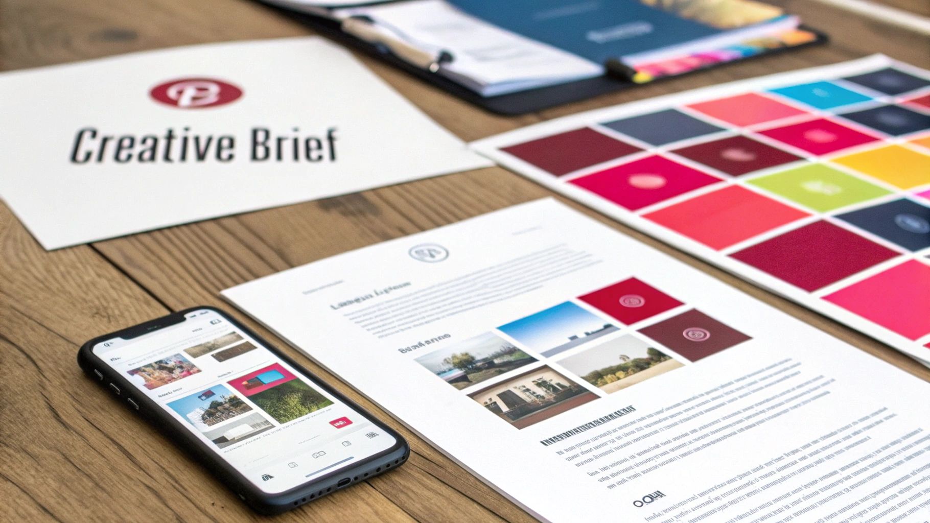 Creative brief, color palette, and a smartphone displaying a social media feed on a wooden desk, representing marketing design.
