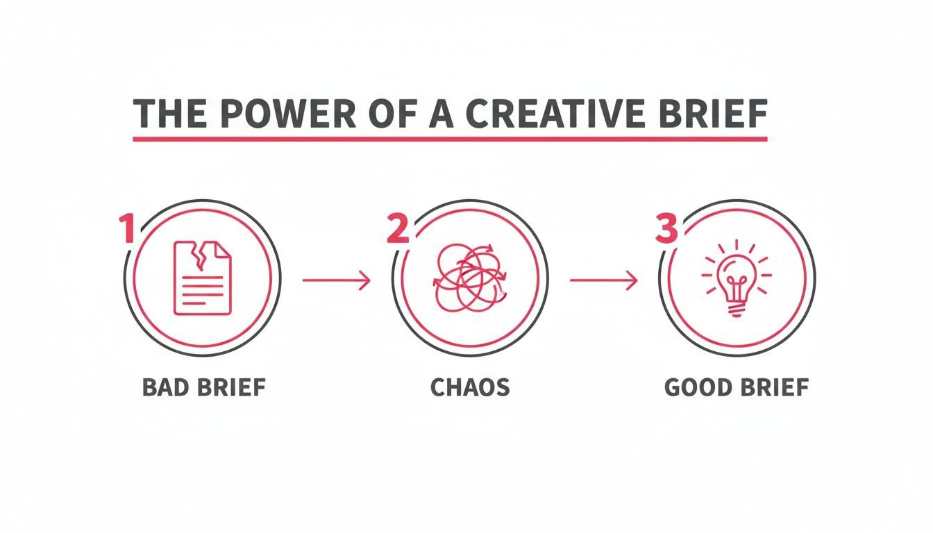 Infographic showing that a bad creative brief leads to chaos, while a good brief generates ideas.