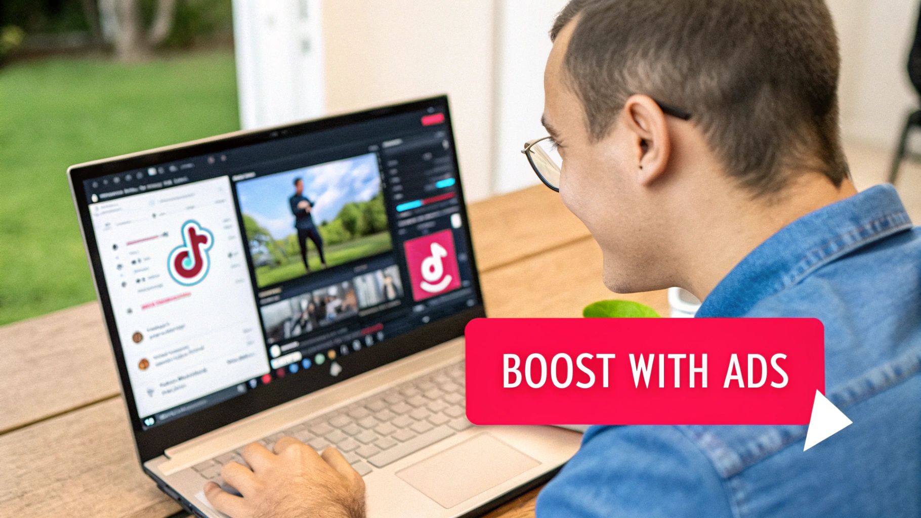A person with glasses uses a laptop displaying TikTok, with a 'Boost with Ads' banner.
