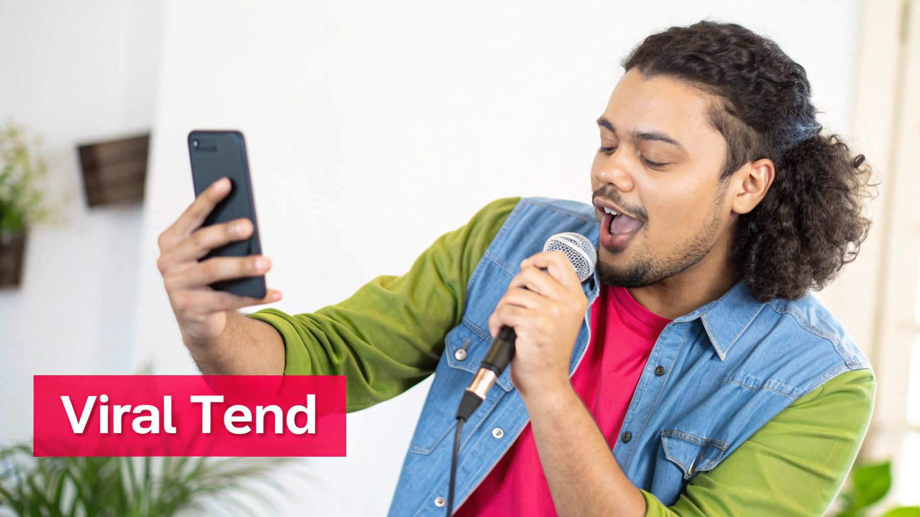A young person with curly hair sings passionately into a microphone, recording a performance with a smartphone.