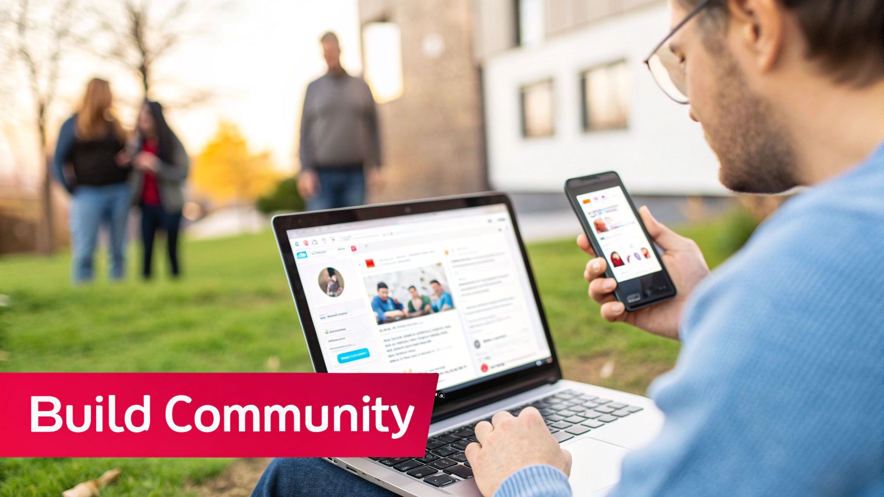 A diverse group of people engaging in a positive online conversation, representing brand community management.