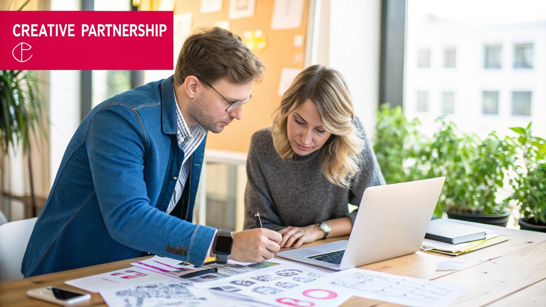 A marketer and content creator collaborating over a laptop, smiling.