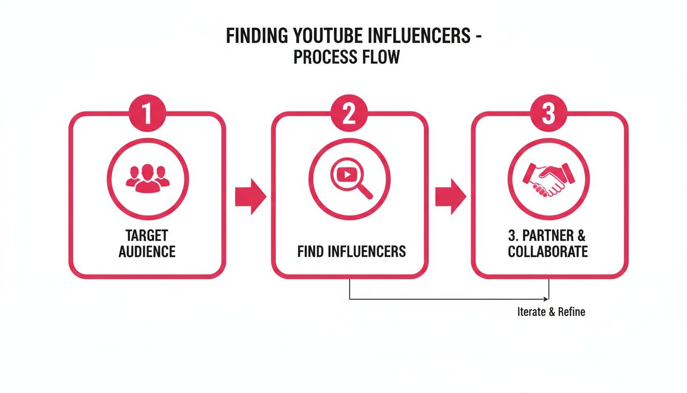 Process flow illustrating steps for finding YouTube influencers: target audience, finding influencers, and collaboration.