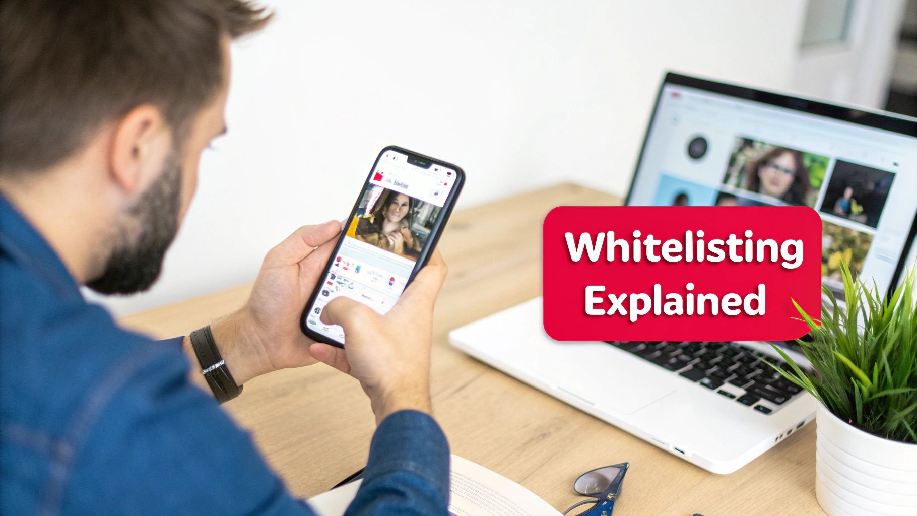 A man uses a smartphone and laptop to view digital content, with a 'Whitelisting Explained' banner.