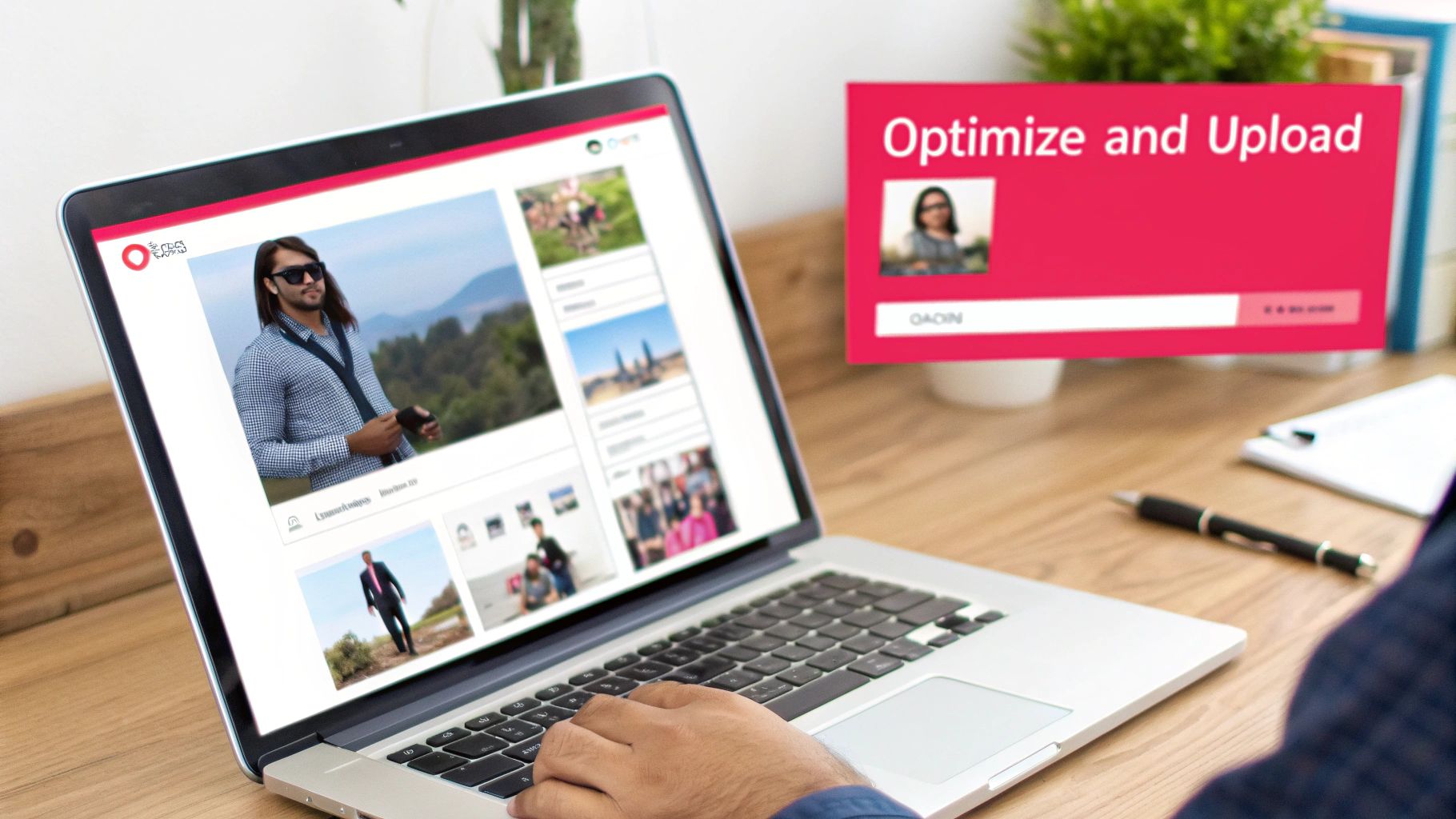 Person uploading a product video to a laptop with an Amazon interface on screen.