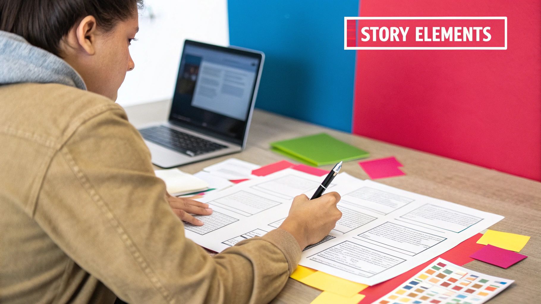 Woman sketching a brand story concept on a whiteboard