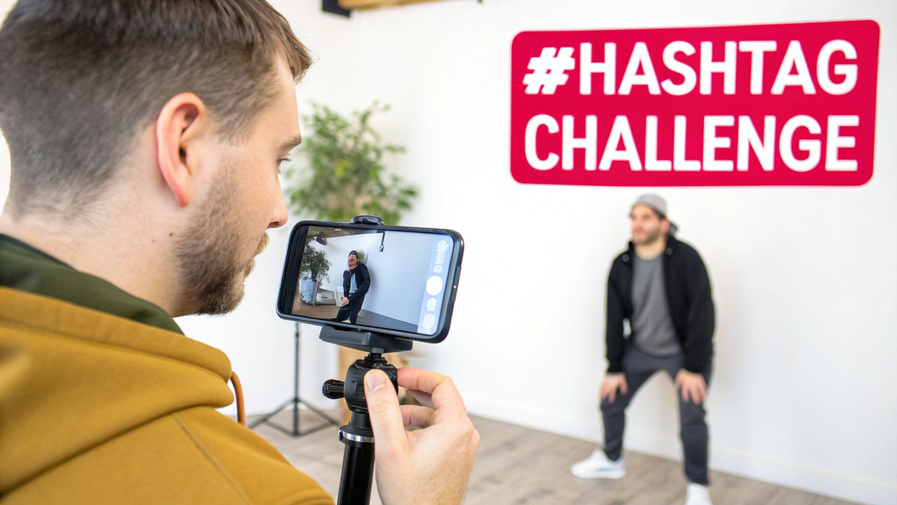A person films another person performing a "Hashtag Challenge" with a smartphone on a tripod.