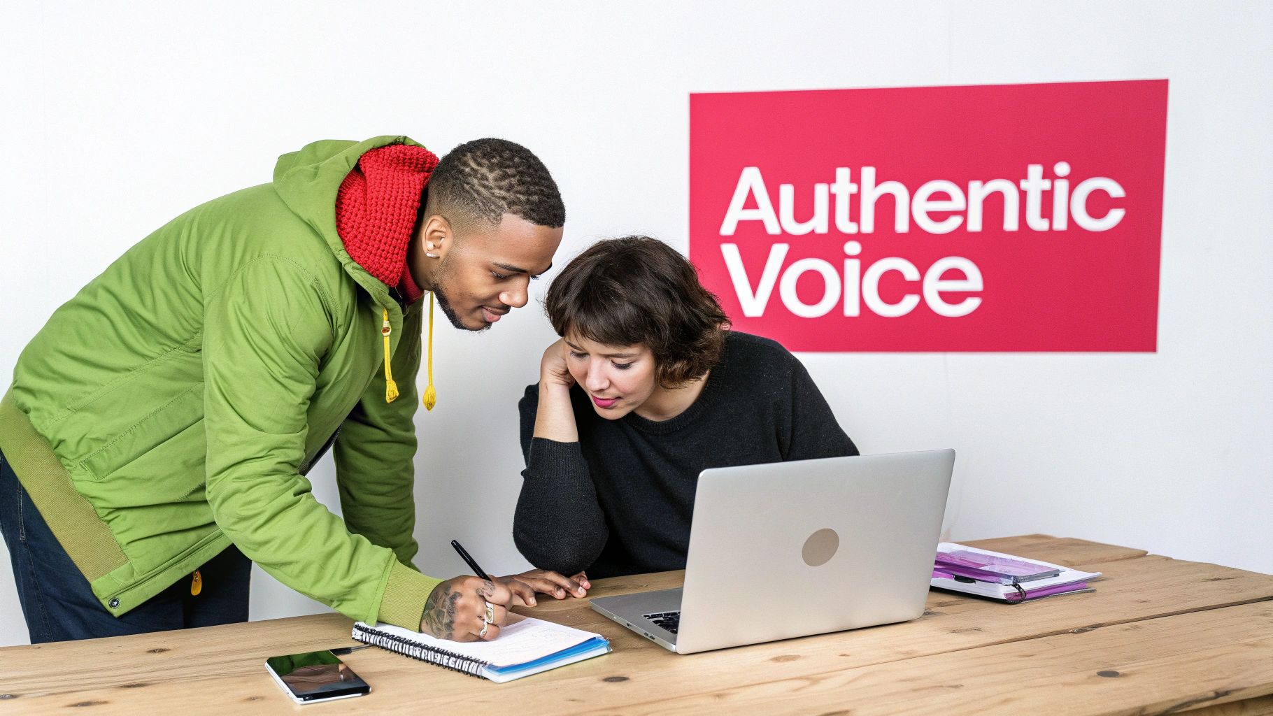 Young man and woman working together on a laptop and notebook in an office with an 'Authentic Voice' sign.