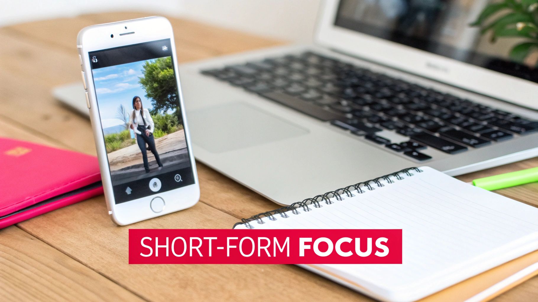 A smartphone displaying a woman on screen, laptop, and notebooks on a wooden desk with 'SHORT-FORM FOCUS' text.