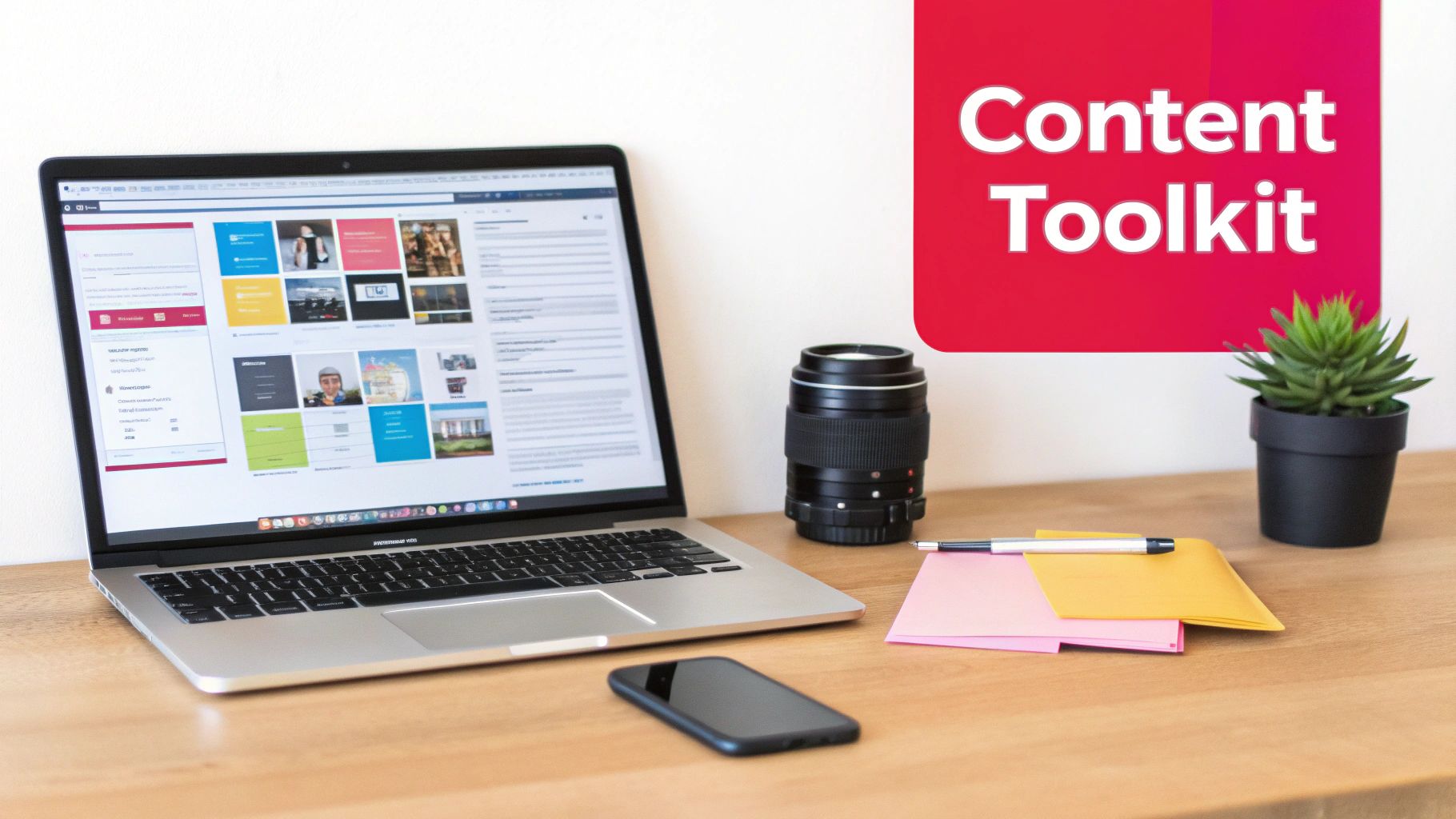 A laptop displaying a 'Content Toolkit' website, camera lens, smartphone, and office supplies on a wooden desk.