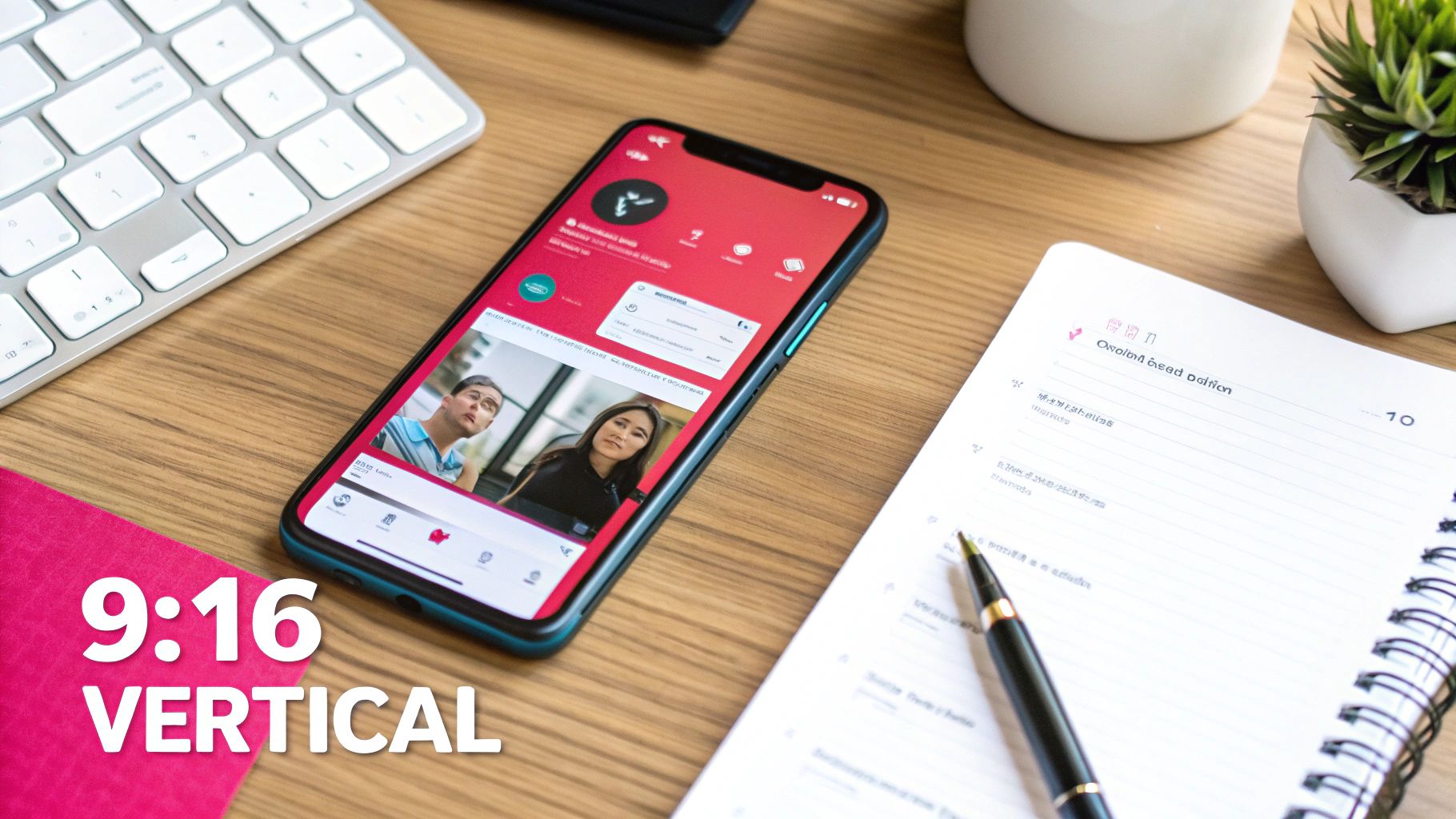 Overhead shot of a desk with a smartphone showing a vertical social media video, keyboard, notebook, and plants.