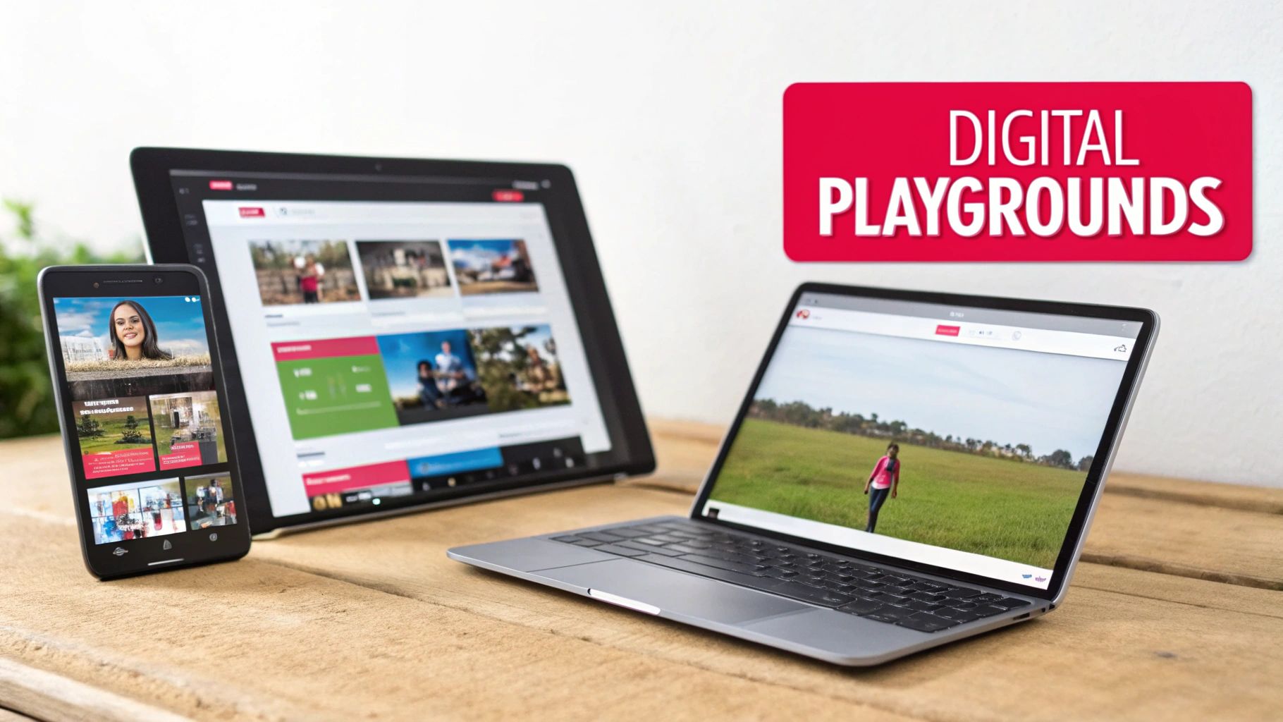 Smartphone, tablet, and laptop display digital content on a wooden table, emphasizing 'Digital Playgrounds'.