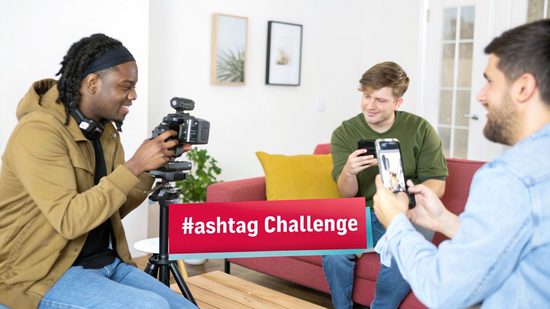 Young men collaborate on a video, one filming with a camera, others viewing smartphones, for a hashtag challenge.