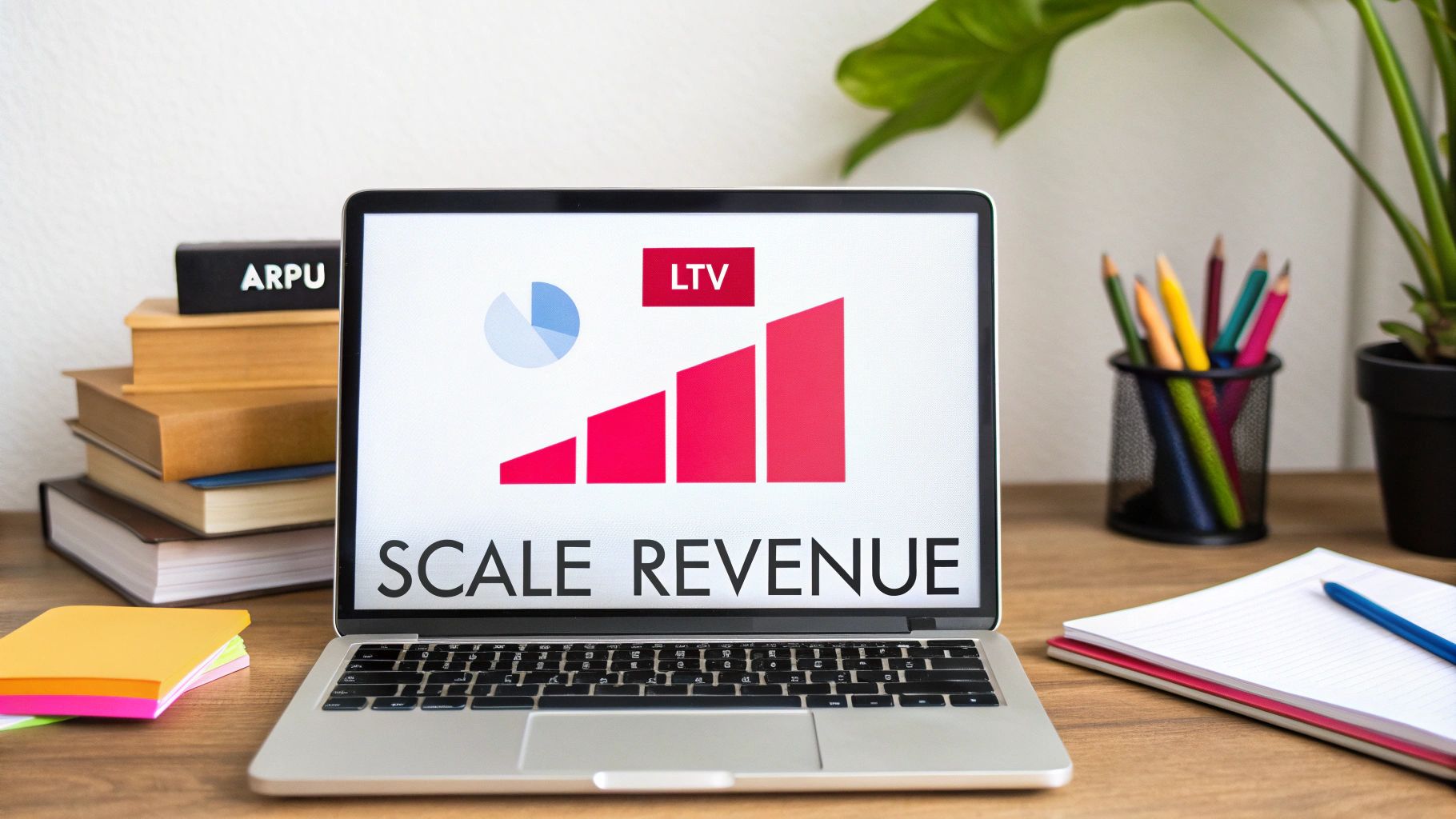 Laptop displaying scale revenue graph with LTV metric and rising bar chart on desk