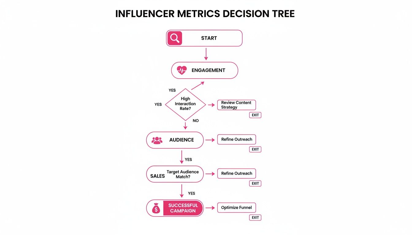 A decision tree flowchart outlining influencer metrics, guiding through engagement, audience, and sales for successful campaigns.