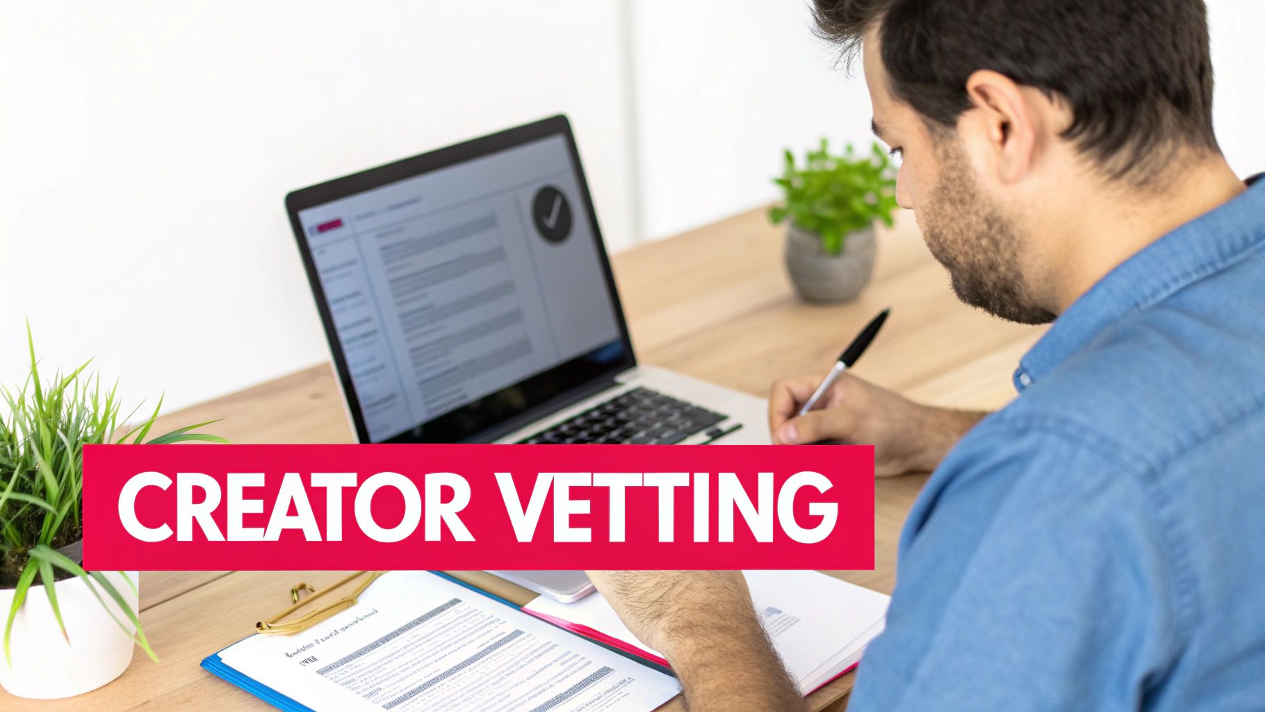 A man writing at a wooden desk with a laptop and documents, featuring 'CREATOR VETTING' text.