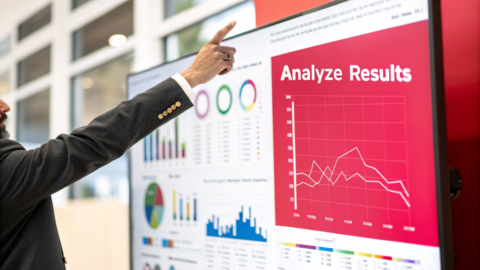 A marketing professional analyzing reach data on a laptop, with charts and graphs visible on the screen.