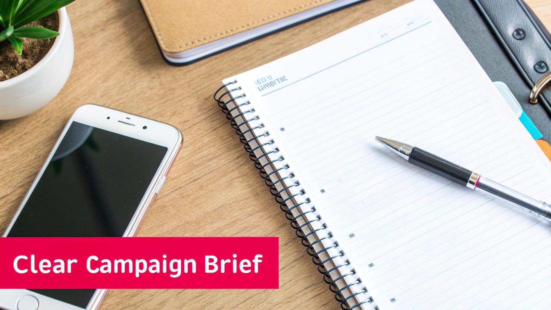 Flat lay workspace with smartphone, notebook, pen, and plant on a wooden desk, overlaid with 'Clear Campaign Brief'.