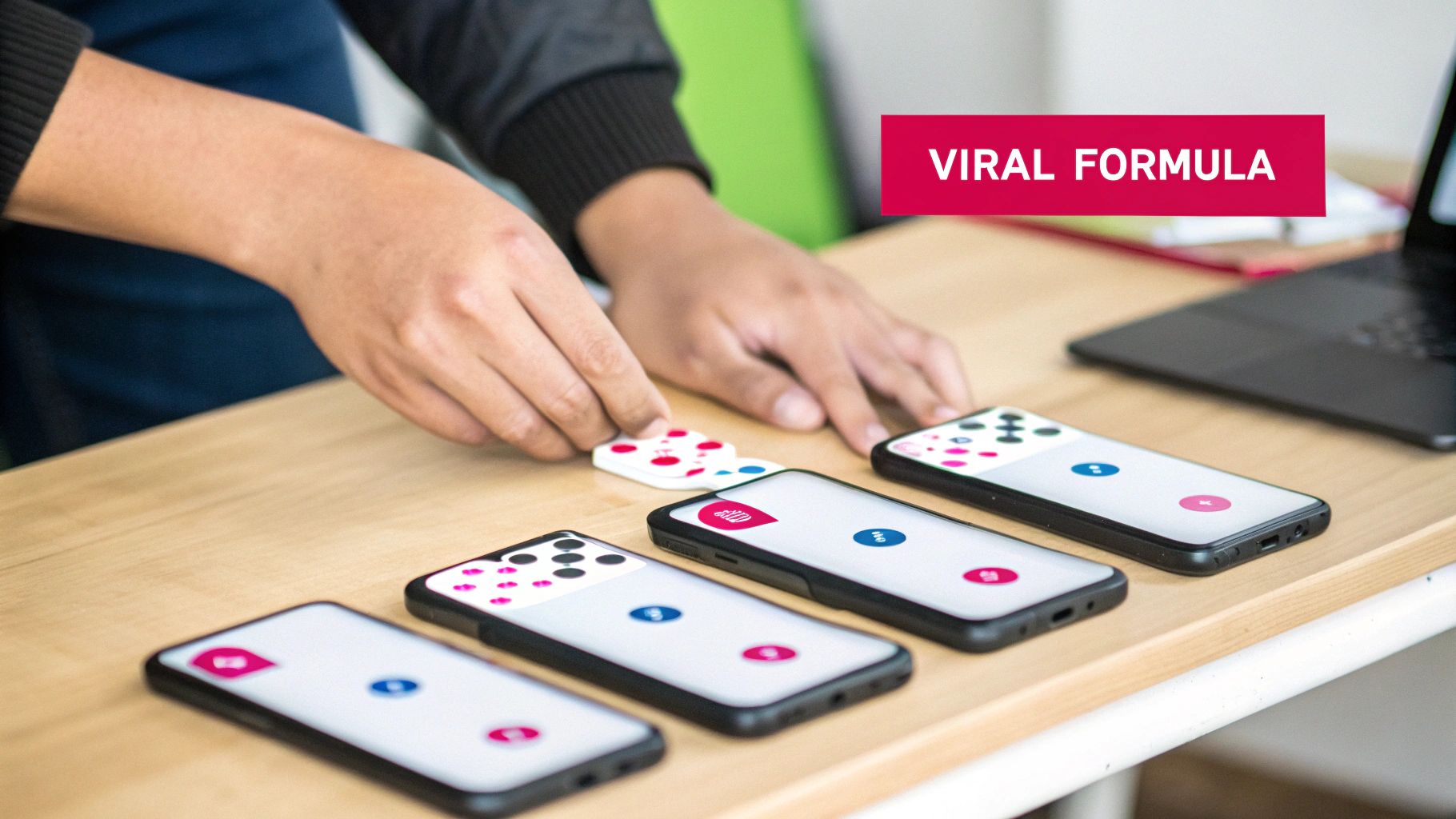 Close-up of hands arranging colorful game pieces among four smartphones displaying simple apps on a wooden table.
