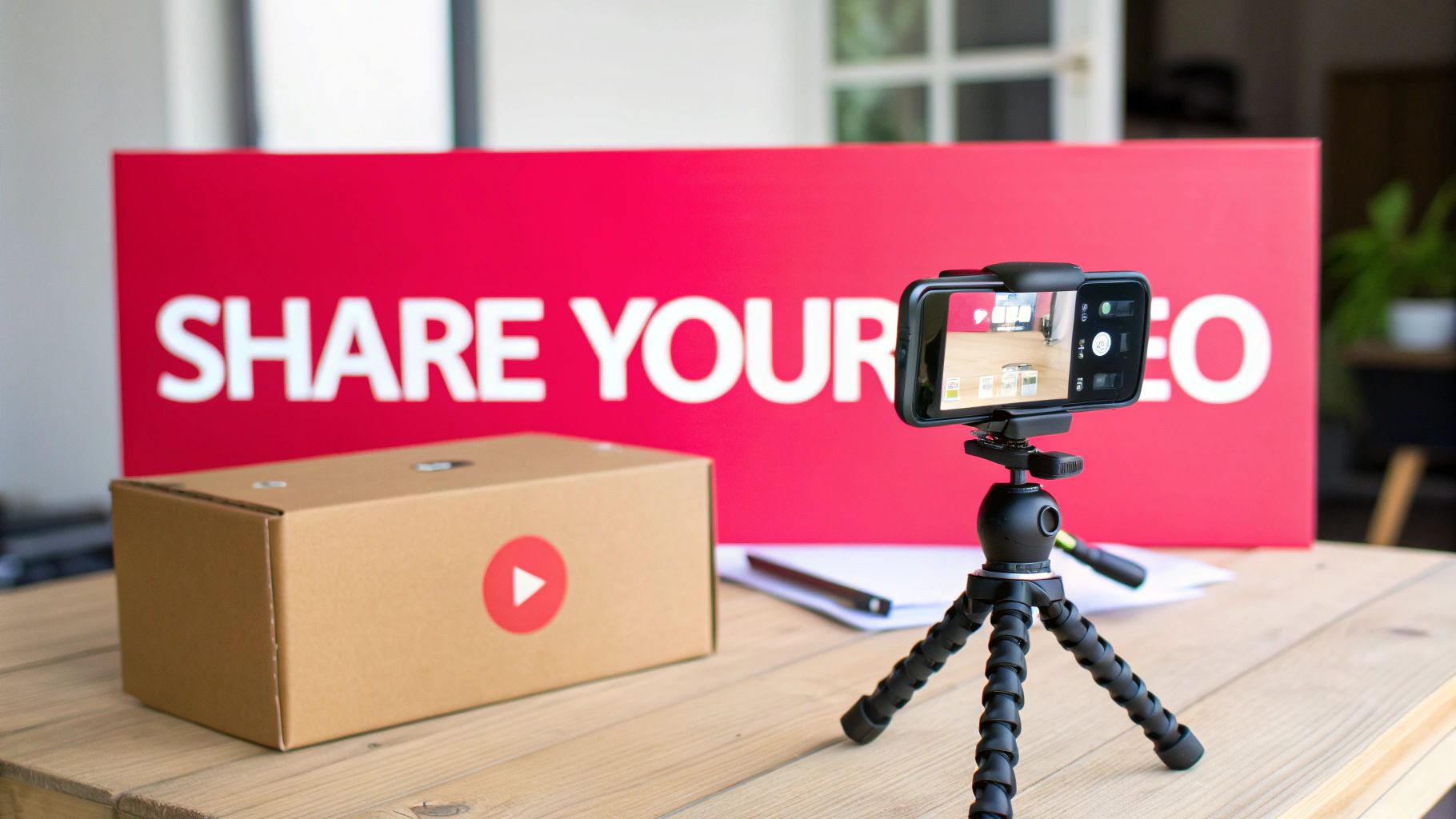 A smartphone on a tripod records a red sign displaying "SHARE YOUR VIDEO" and a YouTube box.