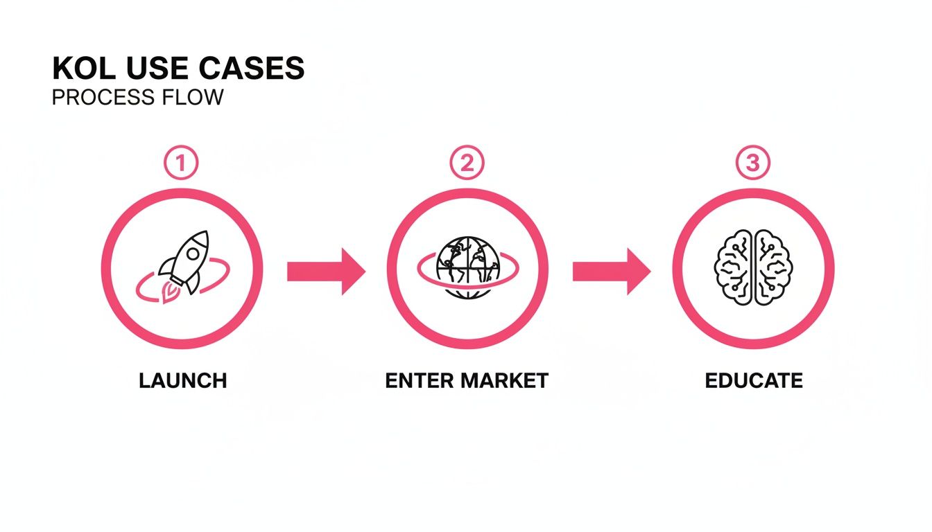A three-step process flow illustrating KOL use cases for launch, market entry, and education with icons.