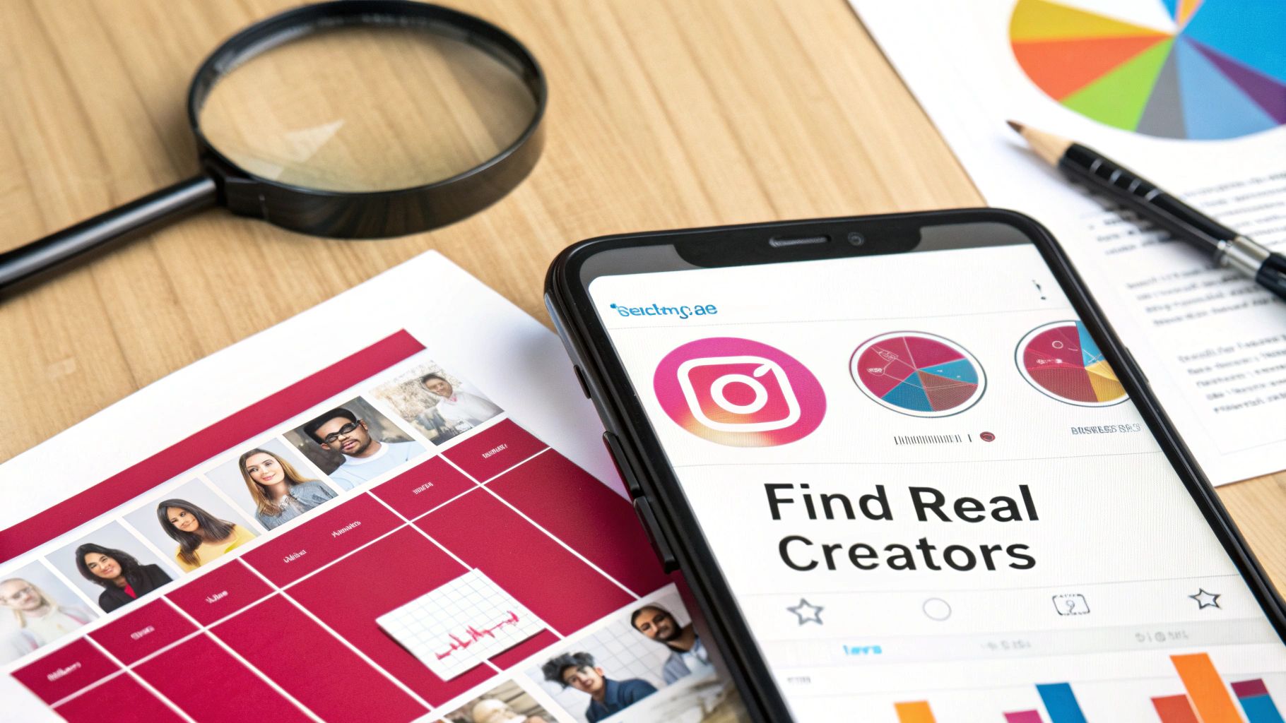 Smartphone showing an Instagram app for finding real creators, alongside business documents and a magnifying glass.