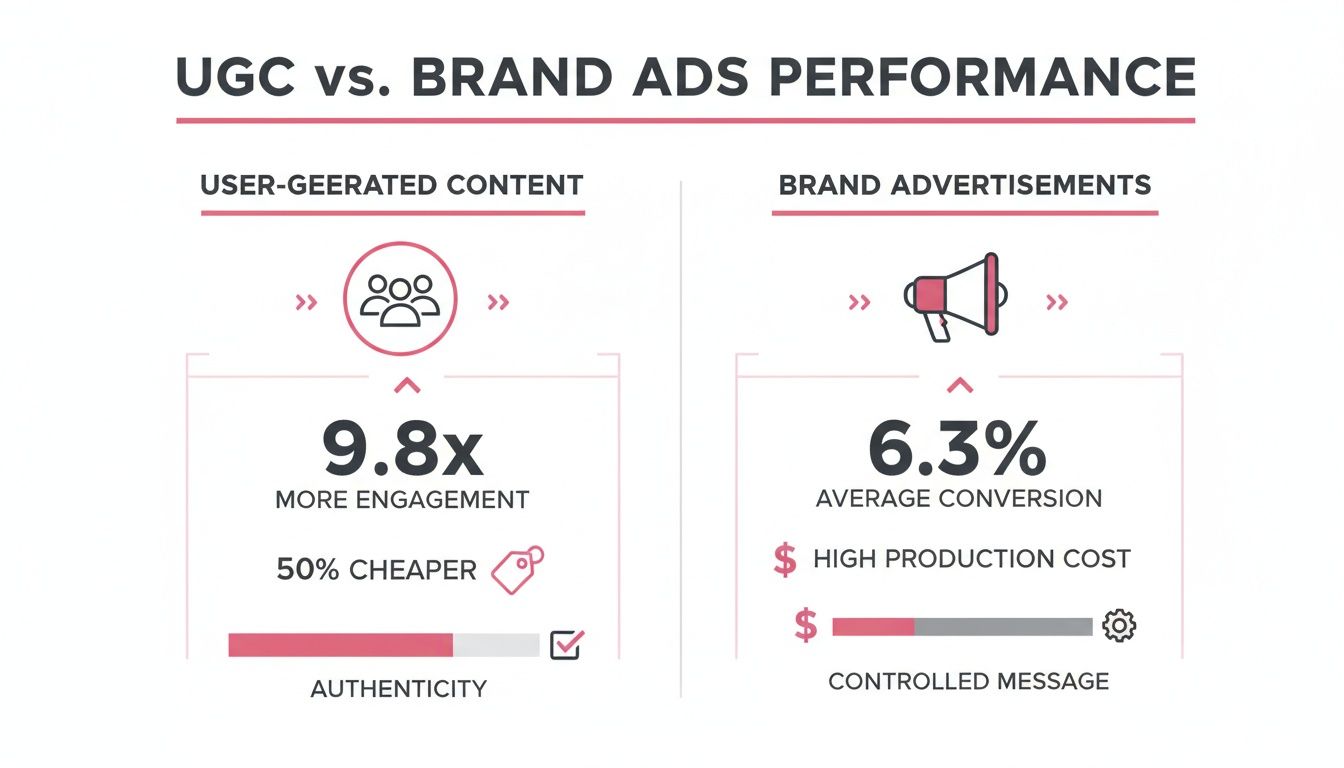 Infographic contrasting user-generated content with brand ads, showing UGC's higher engagement and lower cost.