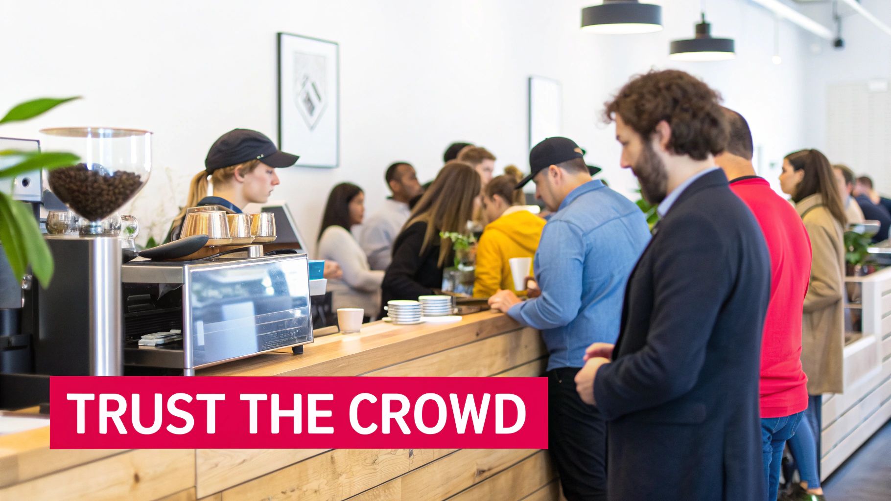 A bustling cafe scene with customers waiting in line at a counter, serviced by a barista.